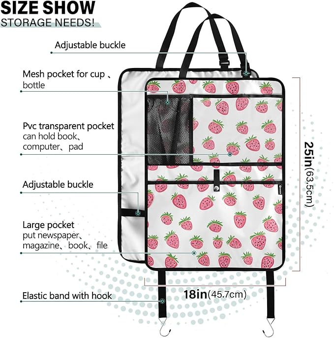 JIPONI Car Backseat Organizer, Small Strawberrys Automotive Back Seat Protector, Kick Mats with Storage Pockets for Kids Pets, Road Trip Accessories