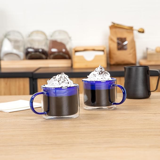 Restaurantware Coffee Cups 12 Pack of 11 oz Double Wall Glass Insulated Coffee Cup Borosilicate Mug Thermal Shock Resistant Handle Modern Design