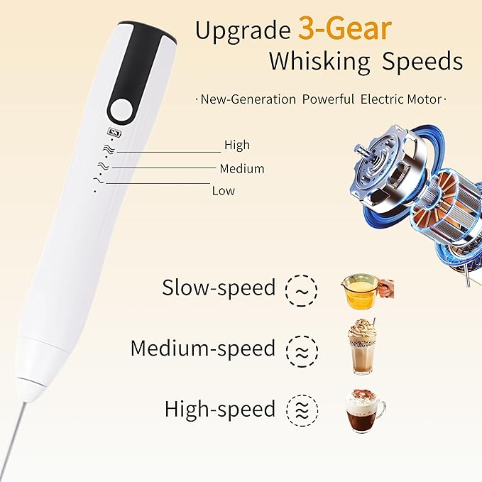 Rechargeable Milk Frother Handheld,Kitchen Essentials Hand Mixer with 3 Stainless Whisks Heads,Electric Whisk Frother for Latte, Cappuccino,Matcha, Egg, Milk Powder,with Stand (white)