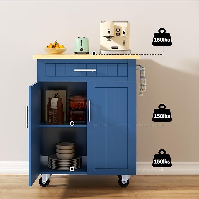 SUNLEI Kitchen Island on Wheels with Storage Cabinet & Drawer, 26" Width Rolling Kitchen Table, Cart Handle for Towel Rack or Free Mobility, Portable Islands for Kitchen, Dining Room(Blue)