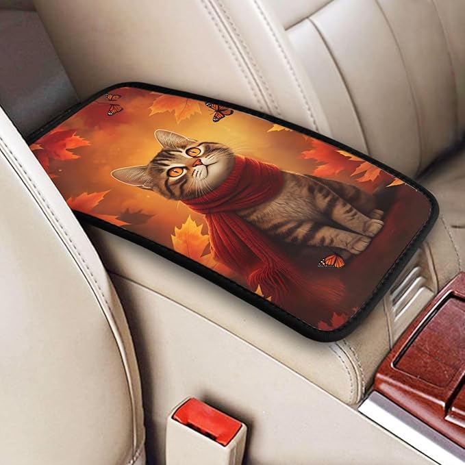 Universal Car Center Console Cushion Pad, Autumn Maple Leaf Cat Soft Waterproof Car Center Console Cover Auto Armrest Seat Box Cover Protector for Most Vehicle SUV Truck Car
