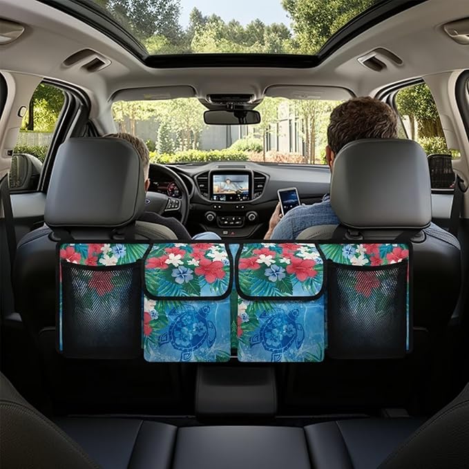 Car Trunk Organizer and Storage with Adjustable Straps, Backseat Hanging Organizer for SUV, Truck, MPV, Waterproof Cargo Storage Bag Car Interior Accessories for Women and Men, Sea Turtle Black