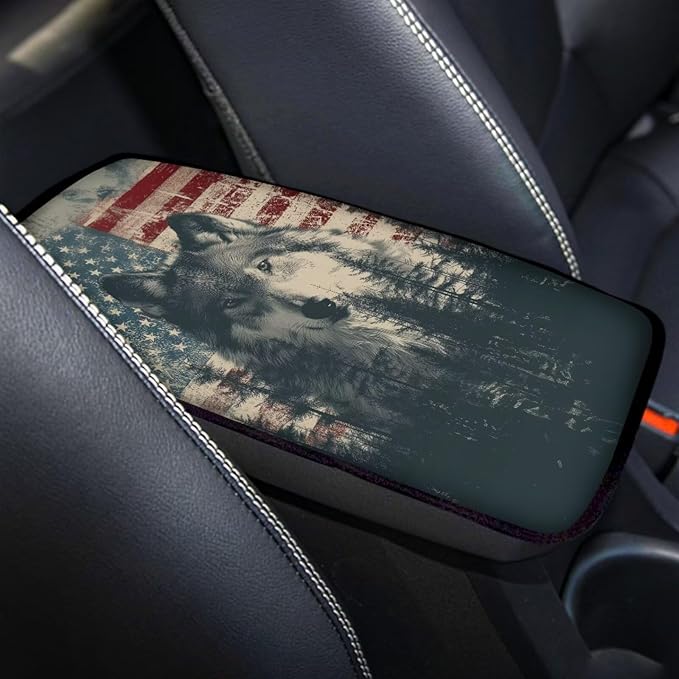 Wolf Forest Print Car Center Console Armrest Cover American Flag Print Armrest Box Protector Cover Universal Fits Truck Sedan SUV, Auto Interior Decor