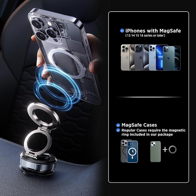 Car Phone Holder [Upgraded Strongest Magnetic Military-Grade Suction Cup] for Magsafe Magnetic 360° Adjustable Dashboard Windshield Vacuum Phone Mount Universal Automobile Cradle Cell Phone Stand