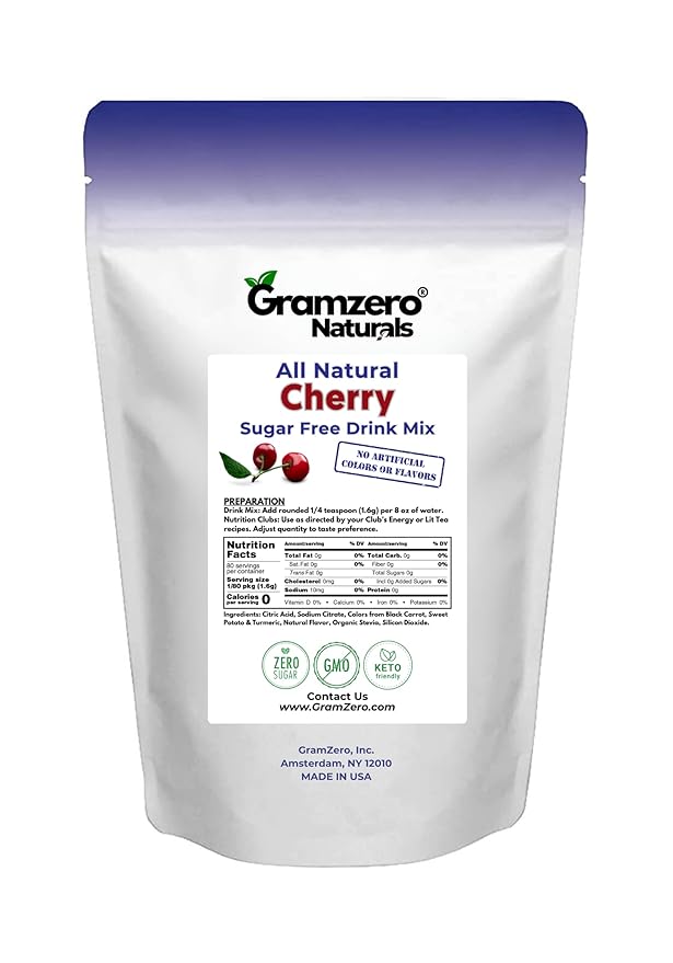 GramZero All Natural Cherry Zero Calorie Sugar Free Drink Mix, Great For Nutrition Club Loaded Tea, Stevia Sweetened