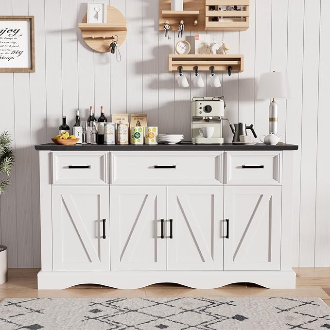 56" Modern Farmhouse Sideboard Buffet Cabinet with 4 Doors and 3 Drawers, Coffee Bar with Charging Station & Adjustable Shelves, Large Kitchen Storage for Hallway, Entryway, Living Room, White
