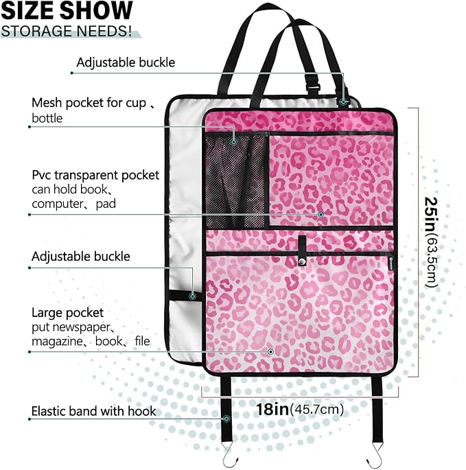 2 Pack Back Seat Car Organizer with Storage Pockets Kick Mats Back Seat Protector Hanging Car Organizer Automotive Seat Back Cover Organizers Gradient Pink Leopard Print