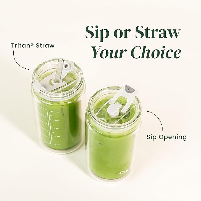 Slow Sippin' Glass Tumbler with Straw & Lid – 11.8oz / 350ml Double-Walled Glass Coffee Cup, Matcha Cup with Volume Markings, Tritan® Straw & Cleaner – Reusable, BPA-Free Iced Coffee Tumbler