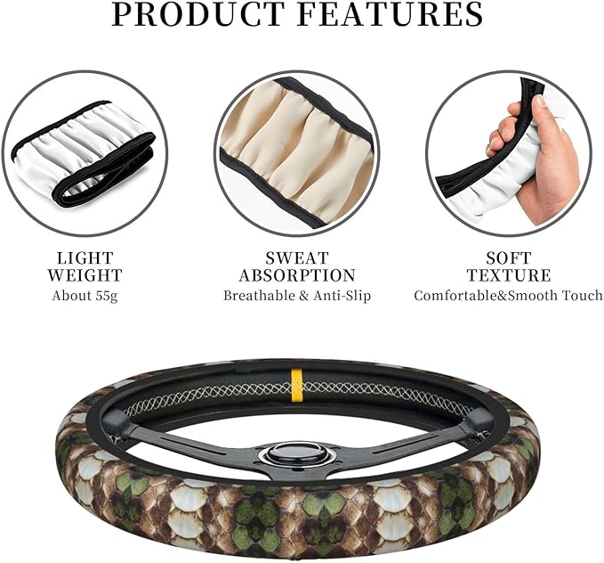 Snakeskins-Print Universal Fit Steering Wheel Cover for Car, Truck, and SUV, Durable Steering Wheel Protection