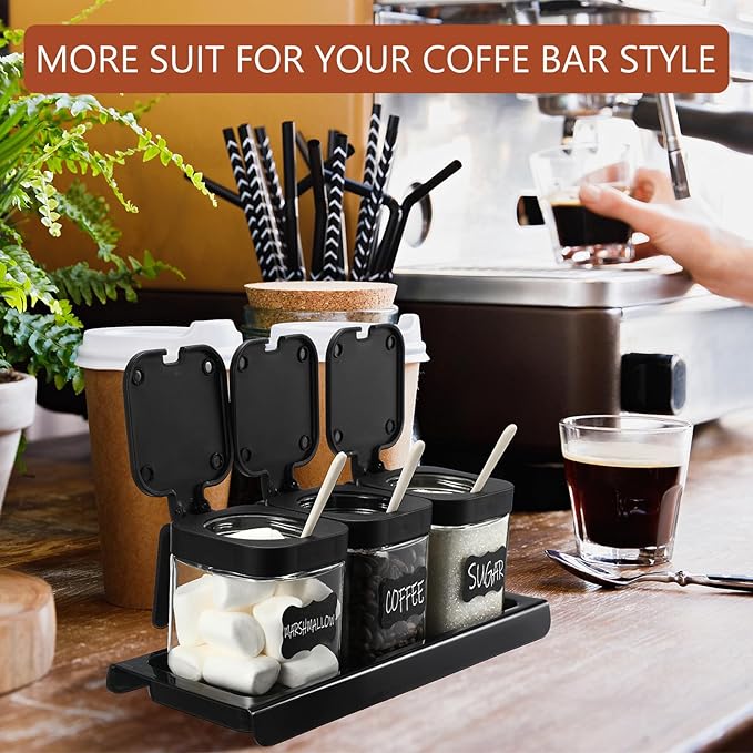 Suclain 3 Pcs Glass Coffee Containers Coffee Station Organizer Set, Airtight Bean Storage Jars with Shelf,labels,spoon, Base and Pen,for Sugar, Candy, Oats, Nuts(Black)