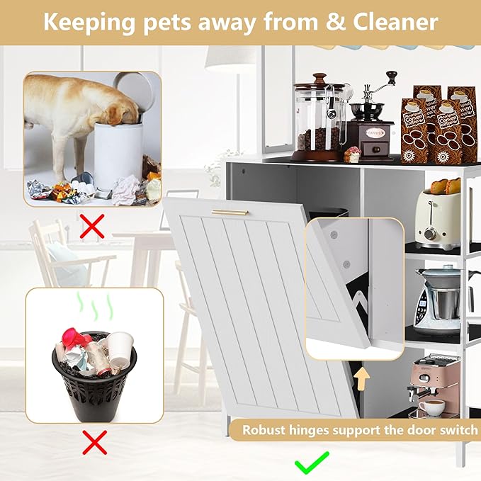 Kitchen Bakers Rack with Storage Shelf - 6-Tier Microwave Stand Oven Cabinet W/Tilting Trash Can Bin and Power Outlet, Farmhouse Thickened Coffee Bar Table Station W/6 Hooks&Adjustable feet