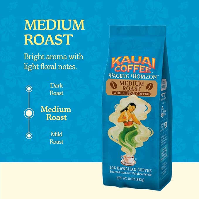 Kauai Coffee Whole Bean Coffee – Smooth,Non-Bitter Pure Arabica – Light Floral Notes & Bright Aroma-– Grown on Hawaii's Largest-Coffee Farm-– Koloa Estate Medium Roast of 10oz,(Pack of 4)