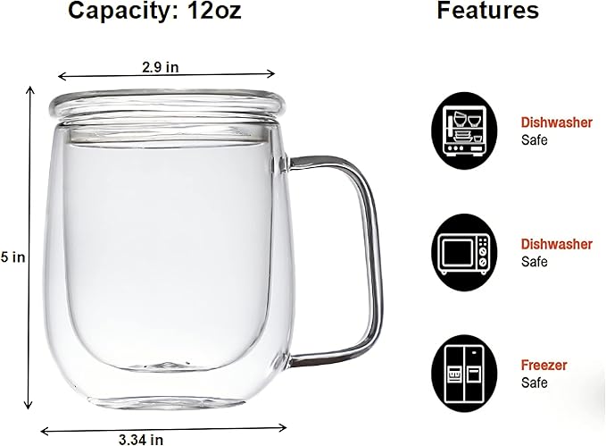 KNC Borosilicate Glass Coffee Mug with Lid Handle,12 oz Double-wall Insulated Milk coffee Cup, Thick Expresso Coffee Cups For Americano, Latte, Espresso, Cappuccinos Beverage and Tea, Clear