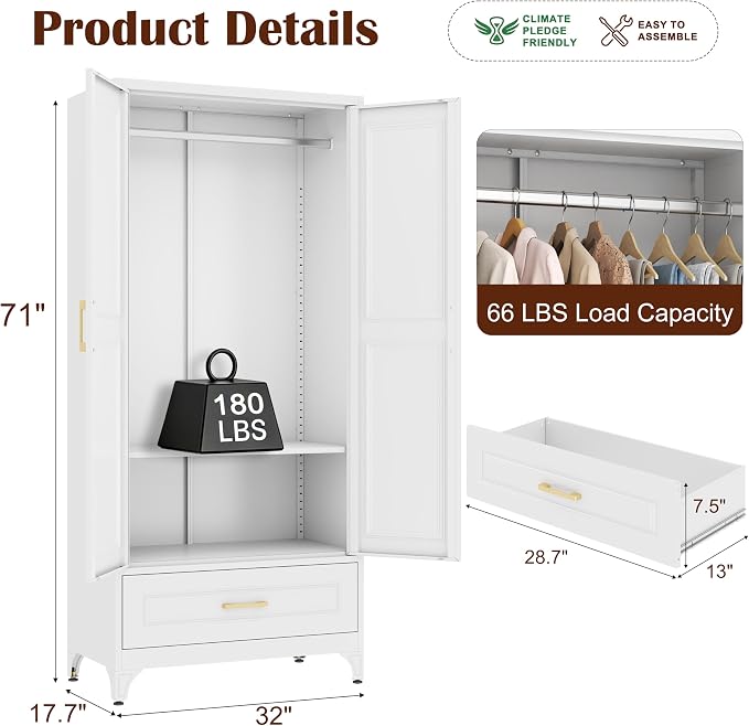 SteeLoong 71" Metal Armoire Wardrobe Closet with Drawer，Tall Clothing Storage Cabinet with Adjustable Shelves and Hanging Rod,White Wardrobe Closet for Bedroom,Home,Office,Gym