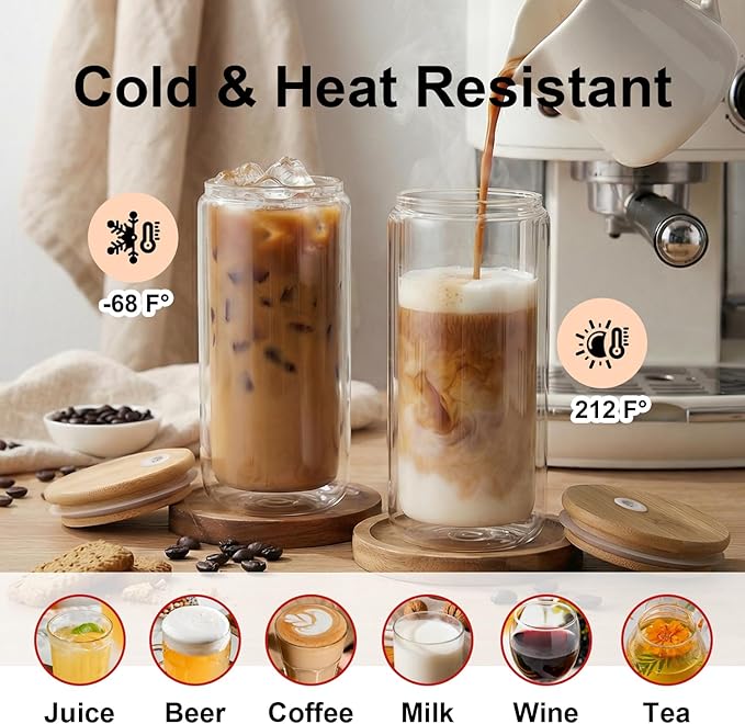 4 Pack Glass Cups with Lids and Straws 16 oz Double Wall Glass Tumbler Insulated Borosilicate Iced Glass Coffee Cups for Iced Coffee, Smoothies, Tea, Juice