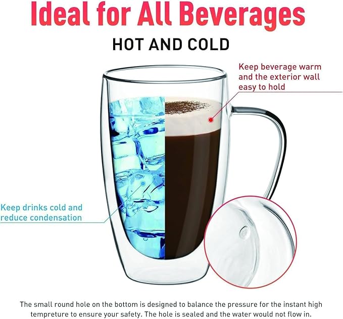 Espresso Cups Set Of 2, Double Walled Glass Coffee Mugs with Handle,Insulated Layer Coffee Cups,Clear Borosilicate Glass Mugs,Perfect for Cappuccino,Tea,Latte,Espresso (15oz-4Pack)