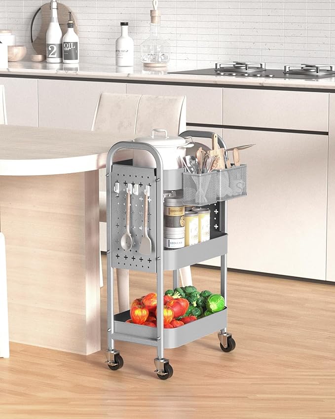 ALVOROG 3 Tier Rolling Cart with DIY Pegboards Metal Utility Cart with Wheels Handles Baskets Hooks, Craft Cart for Office Kitchen Bathroom(Light Gray)