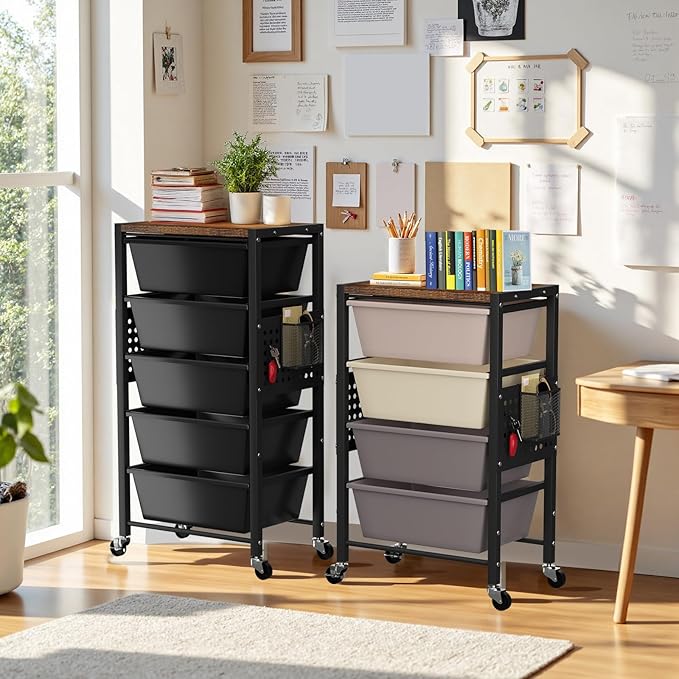 Rolling Cart with 5 Drawers, Plastic Drawer Storage Carts with Wheels & Wooden Tabletop, Metal Utility Cart with Pegboards, Office Living Room Classroom Craft Organization and Storage, Dark Black
