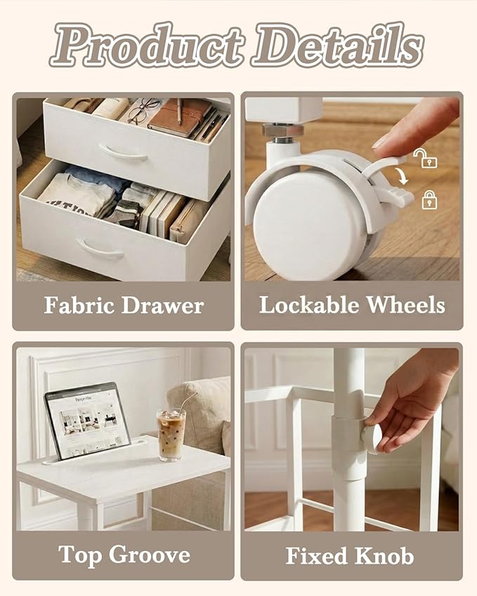 Faesun Swivel Lift Top Nightstand with Charging Station, Rolling Side Table for Recliner, Bedside Table with Wheels & 2 Fabric Drawers, for Small Spaces, for Bedroom, Living Room, White