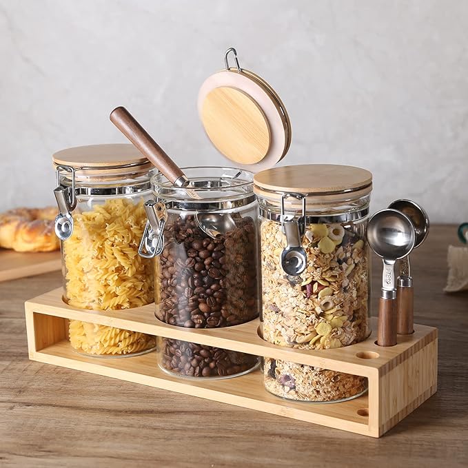 Glass Coffee Canister Set for Countertop | 3-Piece Airtight Jars for Coffee, Sugar, Tea | Modern Farmhouse Kitchen Essentials with Bamboo Lids & Scoops for Coffee Bar & Pantry Organization