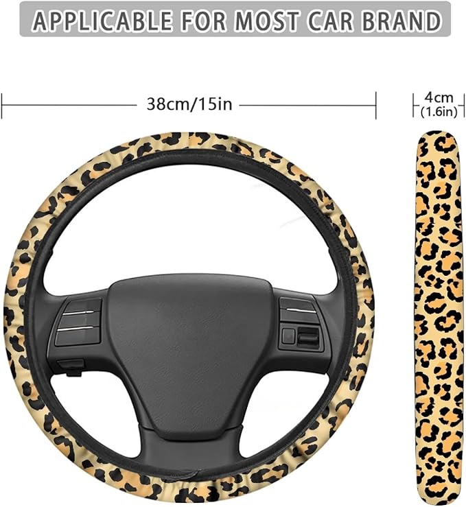 Universal Non-Slip Steering Wheel Cover, 15-inch Polyester Material Driving Accessories, Adjustable for Car and Truck(Retro Yellow Leopard Print)