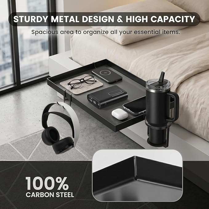 Bedside Shelf Metal, Metal Clip on Bedside Table Shelf for top bunk,Bedside Caddy for College Dorm Room Essentials for Guys(Black)