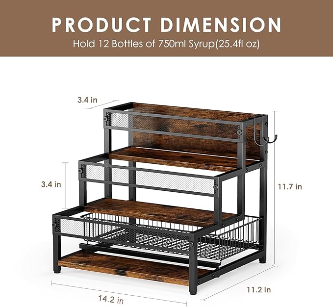 3 Tier Coffee Syrup Rack Organizer, 12 Water Bottles Holder Stand Liquor Cabinet Storage, Wine Rack Countertop Storage Rack Coffee Bar Cabinet for Kitchen