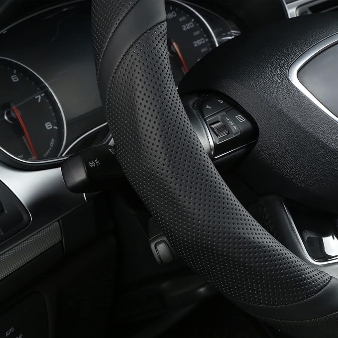 ALEMODR Black Leather Steering Wheel Cover Universal 15 inch