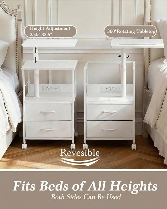 Faesun Swivel Lift Top Nightstand with Charging Station, Rolling Side Table for Recliner, Bedside Table with Wheels & 2 Fabric Drawers, for Small Spaces, for Bedroom, Living Room, White