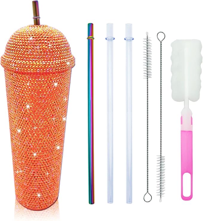 24oz Bling Cup Handmade Rhinestones Studded Tumbler Double Wall Insulated Plastic Reusable Water Bottle with Lid and Straws for Home Office Party Beach(Orange)
