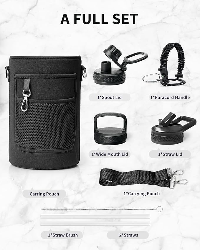 Trebo Water Bottle 64oz with Paracord Handle, Half Gallon Large Vacuum Double Wall Stainless Steel Insulated Water Jug with Holder Strap Straw Spout Lids, Leakproof Keep Cold & Hot,Starry White