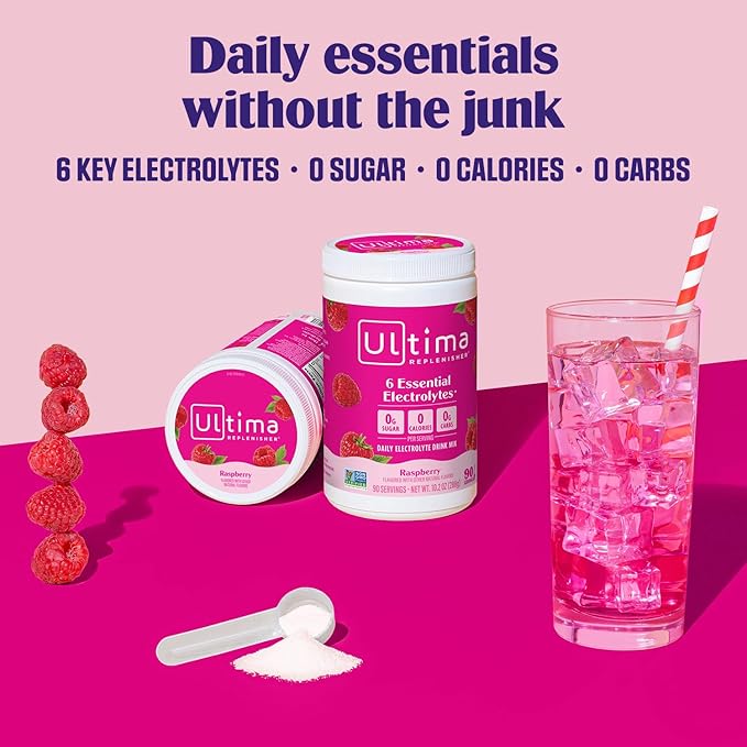Ultima Replenisher Daily Electrolyte Powder Drink Mix – Sugar Free – Raspberry, 90 Servings – Hydration Powder with 6 Key Electrolytes and Trace Minerals – Keto Friendly, Vegan, Non-GMO