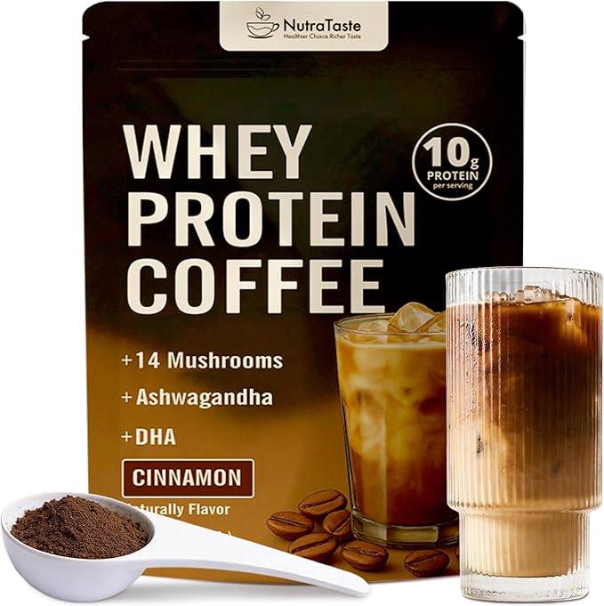 Protein Coffee Powder, Whey Protein Iced Coffee | 14-Mushroom Blend with Reishi & Lion’s Mane, L-Theanine, Ashwagandha & DHA | No Added Sugar, Keto Friendly, Gluten Free | Cinnamon Flavor, 20 Servings