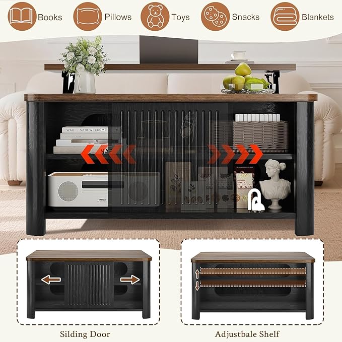 Decofy Lift Top Coffee Table with Storage Mid Century Modern Square Coffee Tables for Living Room, Large Hidden Storage Compartment, Adjustable Shelves & Sliding Door