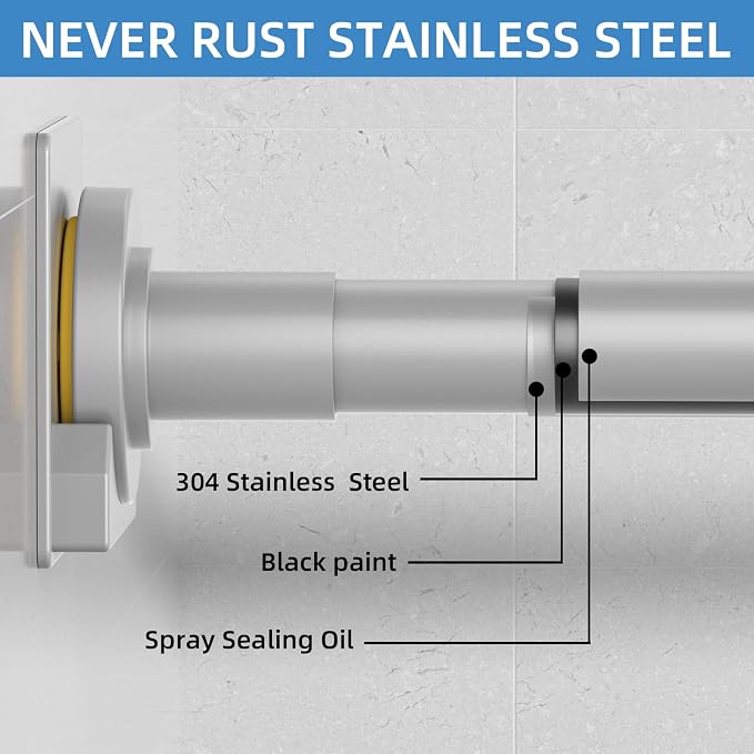 CorkLatta Matte Silver Shower Curtain Rod,1 Inch Diameter Stainless Steel Adjustable Spring Tension Rods 32 to 80",with Holders,Anti-Slip,Curtain Rods No Drilling(1 Pack)