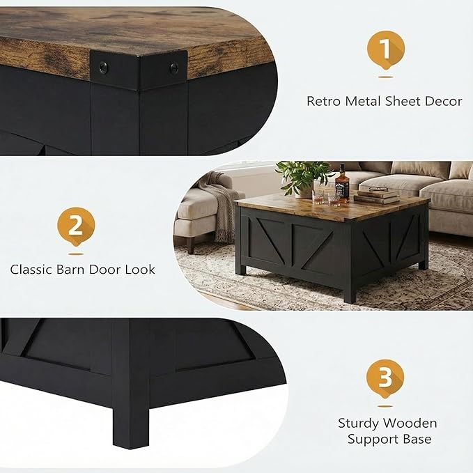 35” Farmhouse Coffee Table with Large Storage, Rustic Wood Lift Top Coffee Table for Living Room, Square Center Table with Charging Station&USB, Modern Port Pottery Barn Lift top Table