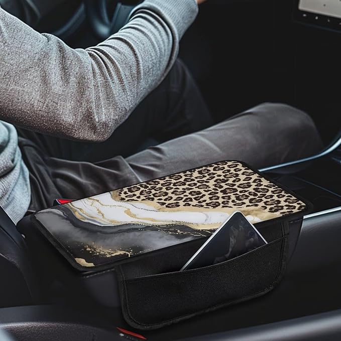 BIGCARJOB Marble Texture Armrest Cover for Car Center Console,Leopard Print Car Center Console Cover Automotive Car Armrest Cover Cushion with Side Pockets,Universal for Most Cars