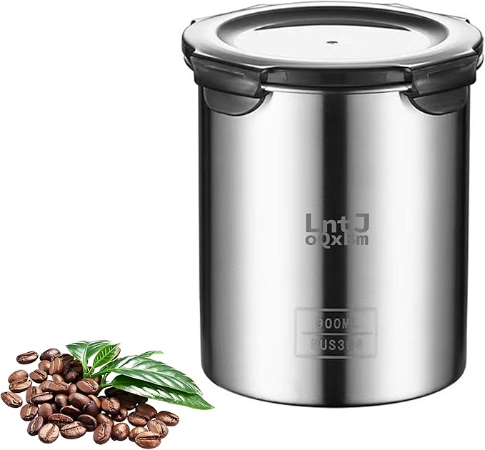 Stainless Steel Vacuum Seal Coffee Canister With Clear Lid, Airtight Food Storage Container With Locking Clamp for Coffee Beans, Tea, Cereal, Nuts (304 Steel With Clear Lid, 30 fl oz / 900ml)
