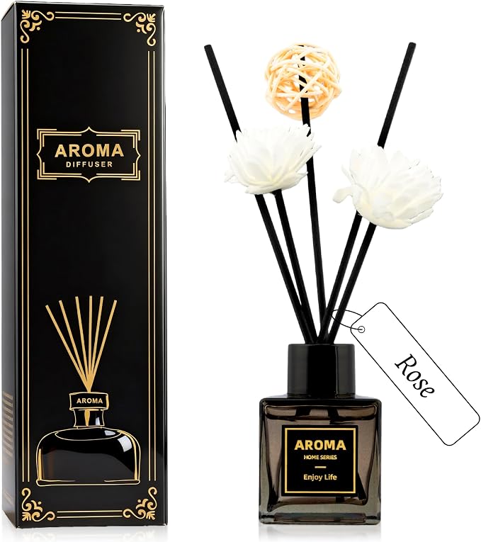 Black Glass Bottle Scent Diffuser, 1.7 oz Reed Diffuser with Sticks, Home Fragrance for Bookshelf, Bedroom Vanity, Office Desk & Bathroom Decor, Air Freshener for Aesthetic Room Decor (Rose)