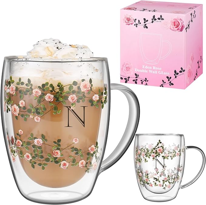 Initial Glass Cup for Women, 12oz Rose Double Walled Glass Coffee Mugs, Personalized Gifts for Women, Initial Coffee Tea Mug with Scarf, Birthday Gifts for Her Mom Friend (ROSE-N)