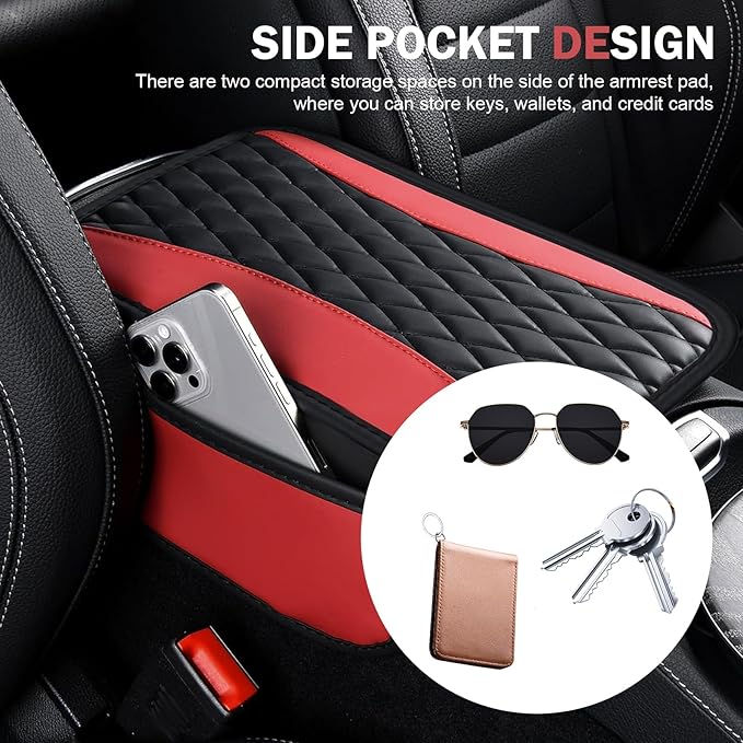 Car Center Console Cover, Upgraded Patchwork Leather Arm Rest Cover with Side Storage Pockets, Comfortable Auto Armrest Protector Cushion, Universal Middle Console Pad for SUV, Sedan (Red)