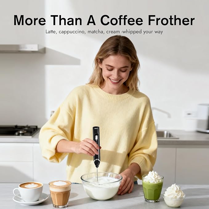 RAFOW Handheld Electric Milk Frother: Rechargeable Frother Wand with Stand, 3 Speeds & Detachable Double Whisk Drink Mixer, Froth Stirrer for Latte, Cappuccino, Cream, Matcha, Dalgona Coffee - Black