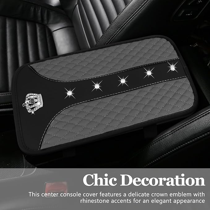 Bling Crown Car Center Console Cover, 12.7"×7.7" Armrest Cover for Cars, Waterproof Leather Arm Rest Box Pad Cushion, Universal Middle Console Cover Protector, Car Accessories (Gray)