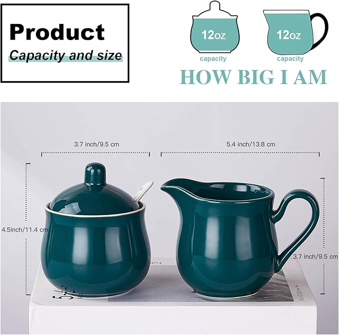 12 OZ Ceramic Sugar and Creamer Set, Coffee Serving Set, 3 Piece Cream Pitcher Sugar Bowl with Lid and Spoon (Dark Teal)