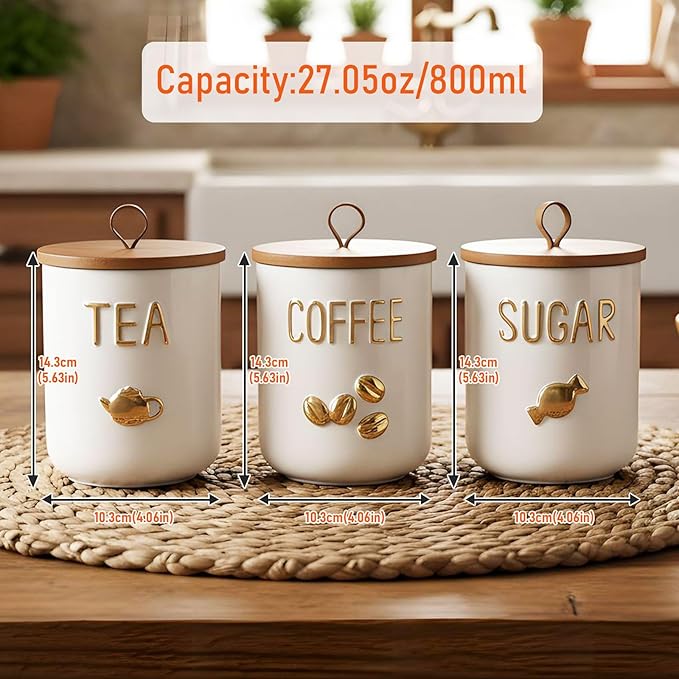 jessie 27oz Ceramics Coffee Canisters with Airtight Seal Bamboo Lid Silicone,Coffee Bean Storage for Kitchen Countertop,Food Storage Jars for Coffee Bean Ground Coffee (Three piece)