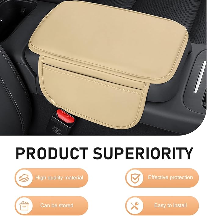 Car Center Console Cover, Car Leather Armrest Pad with 2 Storage Pockets, Center Console Anti-Scratch Booster Cushion, Universal Console Protector for Most Cars, SUVs and Trucks (Beige)