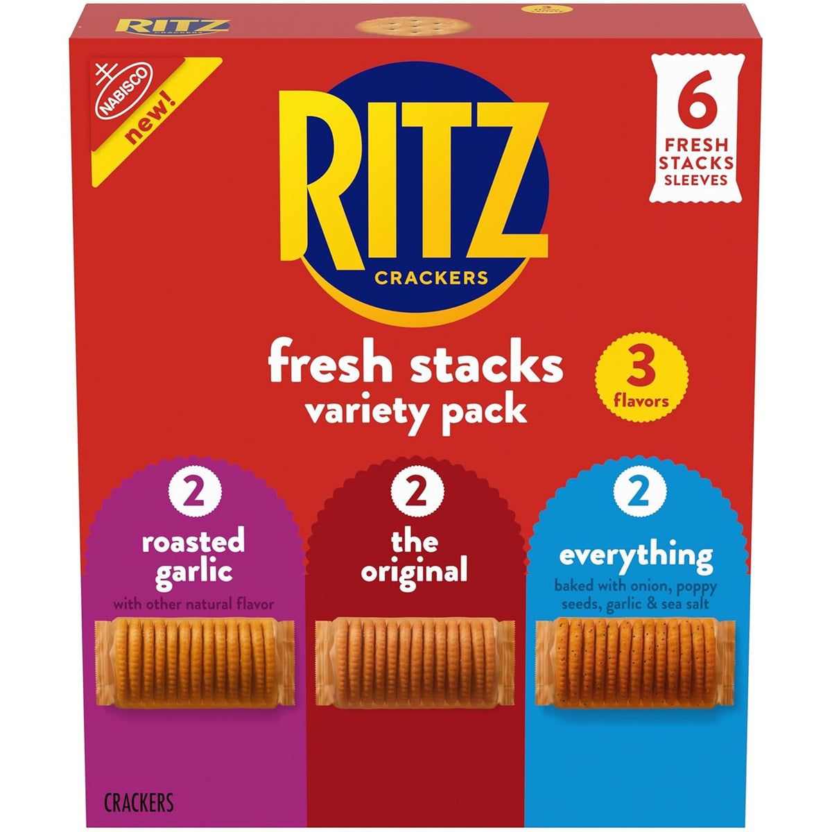 RITZ Fresh Stacks Original, Everything, and Garlic Butter Crackers Variety Pack, Travel Snacks, 8.85 oz (6 Multi Snack Packs)