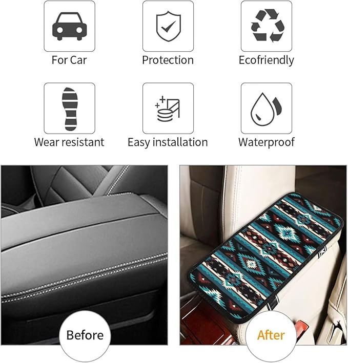 Car Center Console Cushion Pad Aztec Boho Armrest Seat Box Cover Protector Native American Armrest Pads Western Turquoise Stripe Car Decor Accessories for Sedans Vans Truck Vehicles SUV