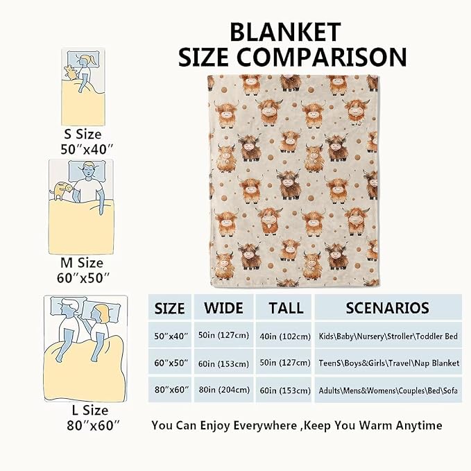 Cute Highland Cow Blanket,Adorable Cartoon Farm Animal Throw Blankets,Gifts for Kids,Lightweight Soft Fleece,for Picnic Sofa Couch Bed Room Travel,Birthday Rustic Farmhouse Decor,60x80in