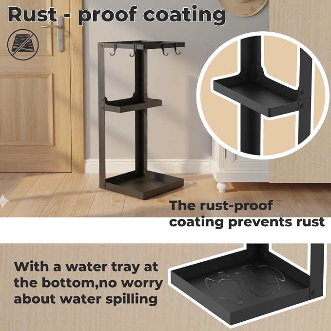 Umbrella Stand, Metal Umbrella Stand Indoor, 20 Inch Umbrella Holder for Entryway, Shelf for use with Small Umbrellas and Bottom Drip Tray for use with